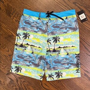 Boys Hurley Surf Scene Board Shorts - Blue, Green, Gray